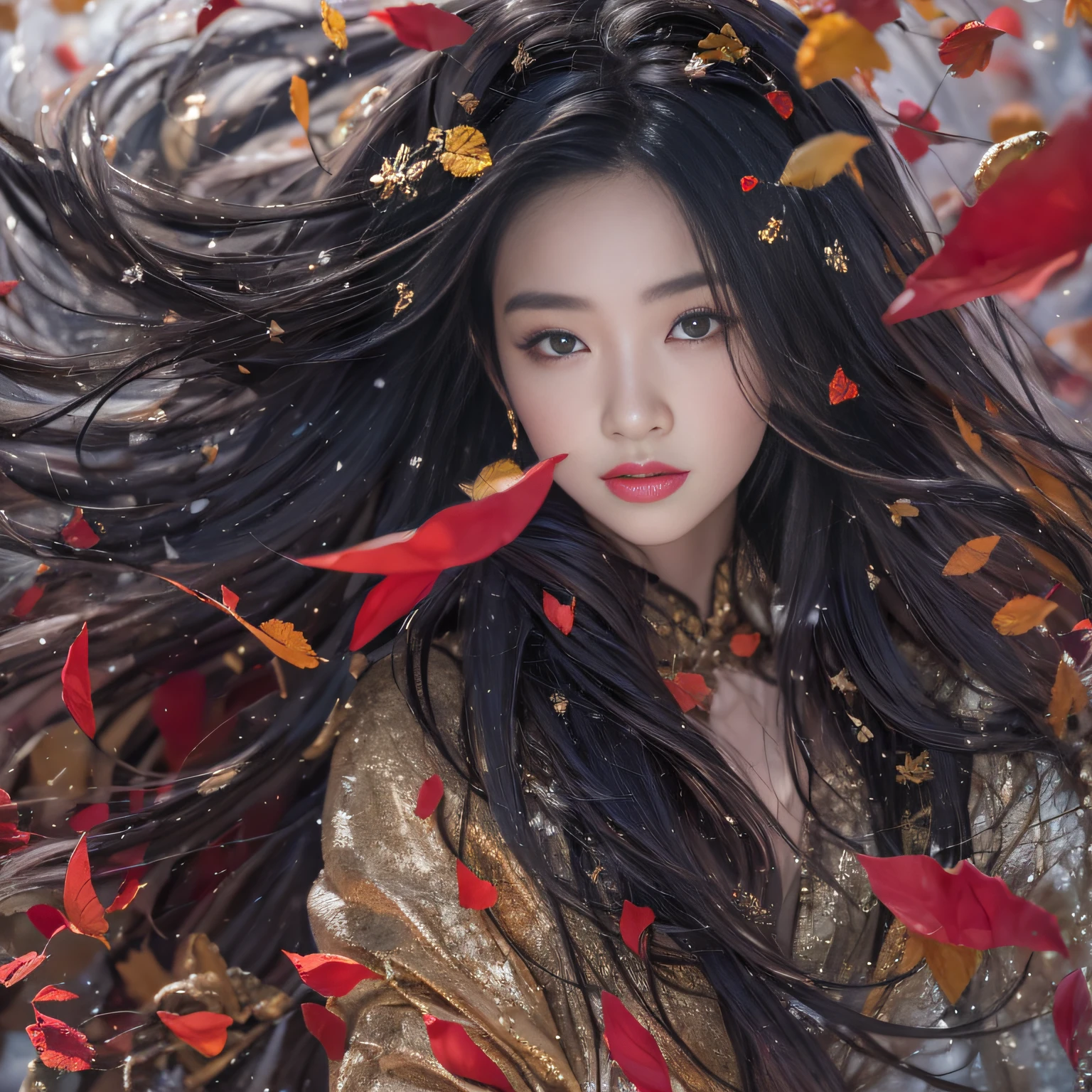32k（傑作，高畫質，超高畫質，32k）飘逸的黑长发，假山，盛开， 一种颜色，  Xuzhou people （勾引女孩）， （雪地裡的紅色領巾）， 跳躍姿勢， 看着地面， 長白髮， 飄逸的頭髮， 鯉魚圖案頭飾， 中國長袖銀色戰袍， （抽像水粉飛濺：1.2）， 粉紅色的花瓣背景，鬱金香飛舞（現實地：1.4），黑色头发，落葉飄揚，背景很純淨， 高解析度， 细节， RAW 照片， 夏普再保险， 尼康 D850 膠卷照片由 Jefferies Lee 拍攝 4 柯達 Portra 400 相機 F1.6 枪, 丰富的色彩, 超逼真生動的紋理, 戲劇性的燈光, 虛幻引擎藝術站趨勢, 西奈斯特800，飘逸的黑长发，透明長袍服裝