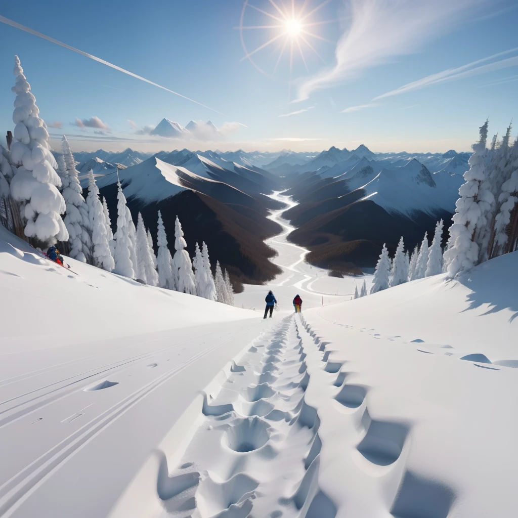 Auf dem Gipfel eines schneebedeckten Berges，Skifahrer konzentrieren sich aufs Gleiten，Er trägt enge Skianzüge，Bringen Sie eine Skibrille mit，Stand on skis，Knie leicht gebeugt，Hände hoch，Halten von Skistöcken，Stabile Haltung，Die Charaktere sind näher an der Kamera， Er war von starkem Schnee umgeben。。，Sonne scheint durch Wolken，Beleuchten Sie den gesamten Hang。Schneeflocken flattern in der Luft，Es fällt auf den Boden und bildet eine Schicht flauschigen Schnees。 Sie kurven sanft und präzise。Skier verschmelzen mit dem Schnee，Präsentieren Sie ein perfektes stillschweigendes Verständnis und Gleichgewicht。 Sie sprinten mit dem Wind，Körper nach vorne geneigt，Spüren Sie die Geschwindigkeit und Wirkung。 Umgeben von einem atemberaubenden Blick auf schneebedeckte Berge，hoch aufragende Gipfel，mit blauem Himmel und weißen Wolken，Es ergibt ein prachtvolles Bild。Die Ruhe der schneebedeckten Berge steht im Kontrast zum Skisport。