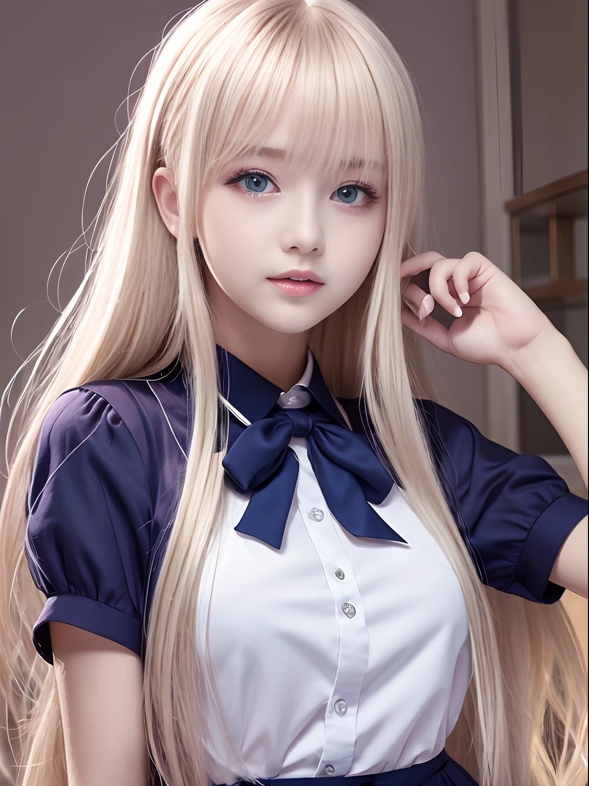 portlate、School Uniforms、bright expression、Young shiny shiny white shiny skin、Best Looks、Blonde reflected light、Platinum blonde hair with dazzling highlights、shiny light hair,、Super long silky straight hair、Beautiful bangs that shine、Glowing crystal clear attractive big blue eyes、Very beautiful nice cute 16 year old girl、Lush bust、