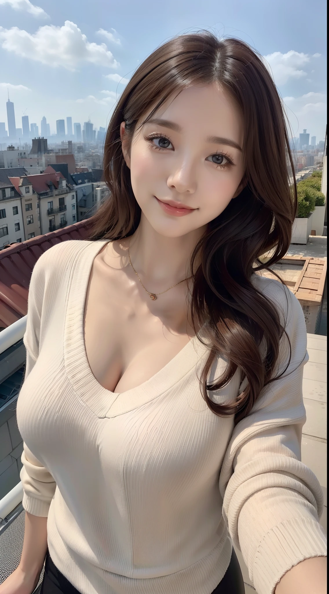 ((top-quality、8K、​masterpiece:1.3))、voluptuous woman、1girl in、(Slender figure:1.2)、dark brown  hair、hyperdetailed face、Detailed lips、A detailed eye、double eyelid、(huge-breasted:1.2)、Random T-shirt、Random attire、random place、、Plain clothe、Dressing、（ssmile:1.4）、(Rooftop City View:1.2)、Relaxing winter style with oversized sweaters and leggings
