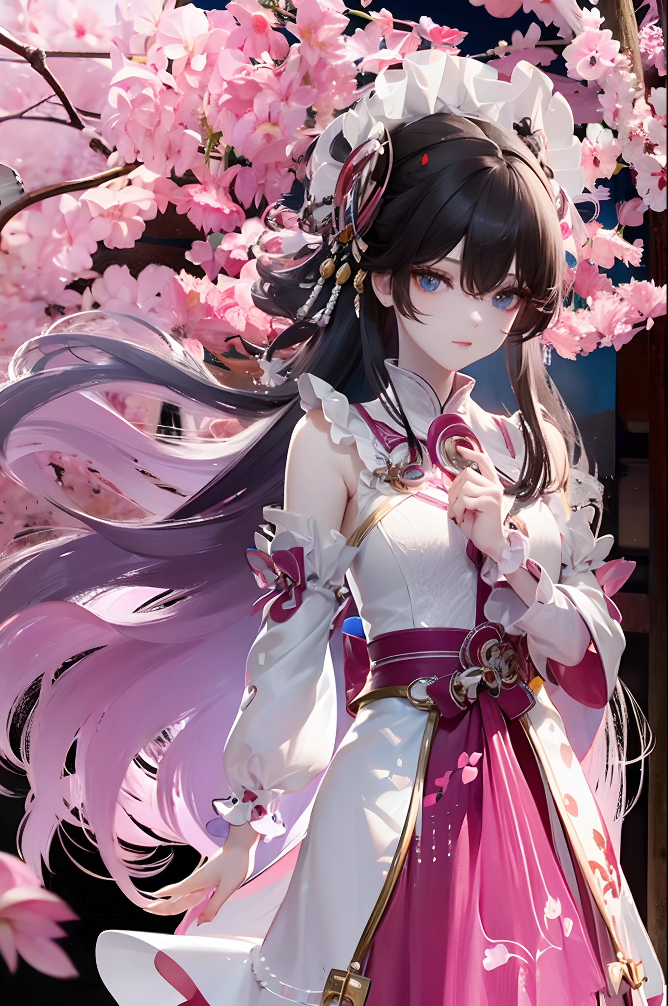 On screen，A young girl with long blue hair stands under a cherry blossom tree，A gentle breeze ruffled her long hair。She wore a white dress，The skirt flutters gently in the wind。The girl's eyes were gentle and serene，It is as if it is at one with the surrounding scenery。In the background is a splendid sea of cherry blossoms，The petals fall in the wind，It's like a dream。The whole picture exudes a soft and warm atmosphere，It makes you feel like you are in a fairytale world。