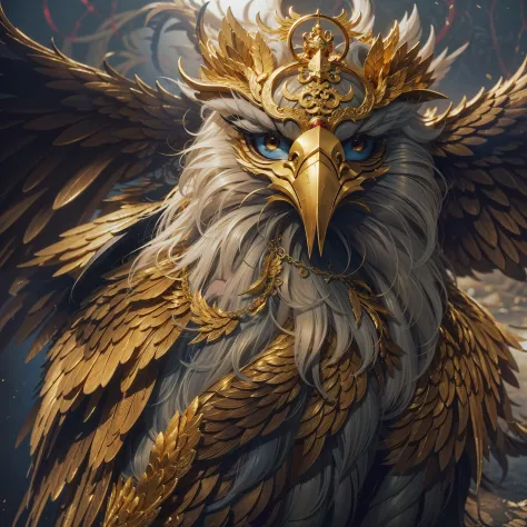Chinese mythology and stories，Journey，King of Golden-winged eagles，Eagle head，A half body，closeup cleavage，golden colored，gold，Open your mouth，tosen，Fierce eyes，Blood，A mouth full of blood，Dripping blood，Puffing，massive wings，Thick feathers，feater，Super cl...