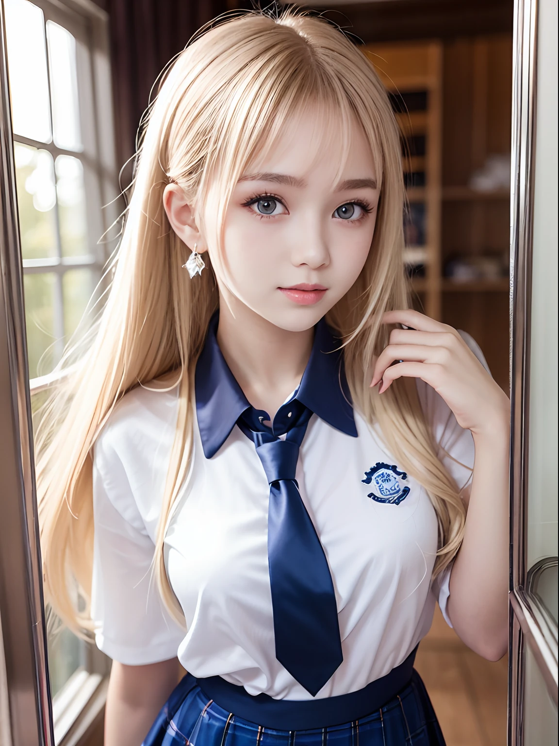 ポートレート、学校の制服、明るい表情、ポニーテール、若くて輝く白い輝く肌、ベストルックス、金髪の反射光、眩しいハイライトが入ったプラチナブロンドの髪、光沢のある明るい髪,、超ロングのシルクのようなストレートヘア、輝く美しい前髪、輝く透明な魅力的な大きな青い目、とても綺麗で素敵な可愛い女の子です、豊かな胸