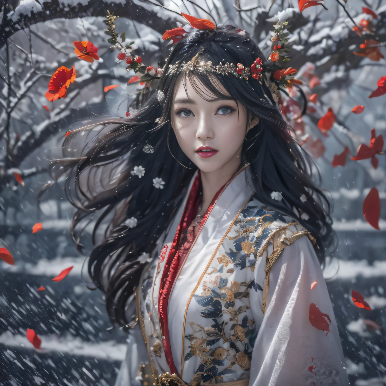 32K（tmasterpiece，k hd，hyper HD，32K）Long flowing black hair，Rockery，zydink， a color，  Xuzhou people （Seduce girls）， （Red scarf in the snow）， jumping posture， looking at the ground， long whitr hair， Floating hair， Carp pattern headdress， Chinese long-sleeved silver battle robe， （Abstract gouache splash：1.2）， Pink petal background，Tulips flying（realisticlying：1.4），Black color hair，Fallen leaves flutter，The background is pure， A high resolution， the detail， RAW photogr， Sharp Re， Nikon D850 Film Stock Photo by Jefferies Lee 4 Kodak Portra 400 Camera F1.6 shots, Rich colors, ultra-realistic vivid textures, Dramatic lighting, Unreal Engine Art Station Trend, cinestir 800，Long flowing black hair，Transparent robe clothing