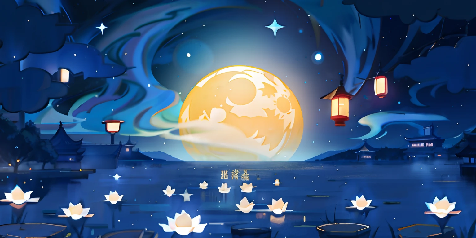 الليل，كونغ مينغ فانوس，ماء النهر，باللون الأزرق الداكن，المجرة，ستار اوشن，القمر，مهرجان منتصف الخريف，قمر，إضاءة الفيلم，تفاصيل رائعة