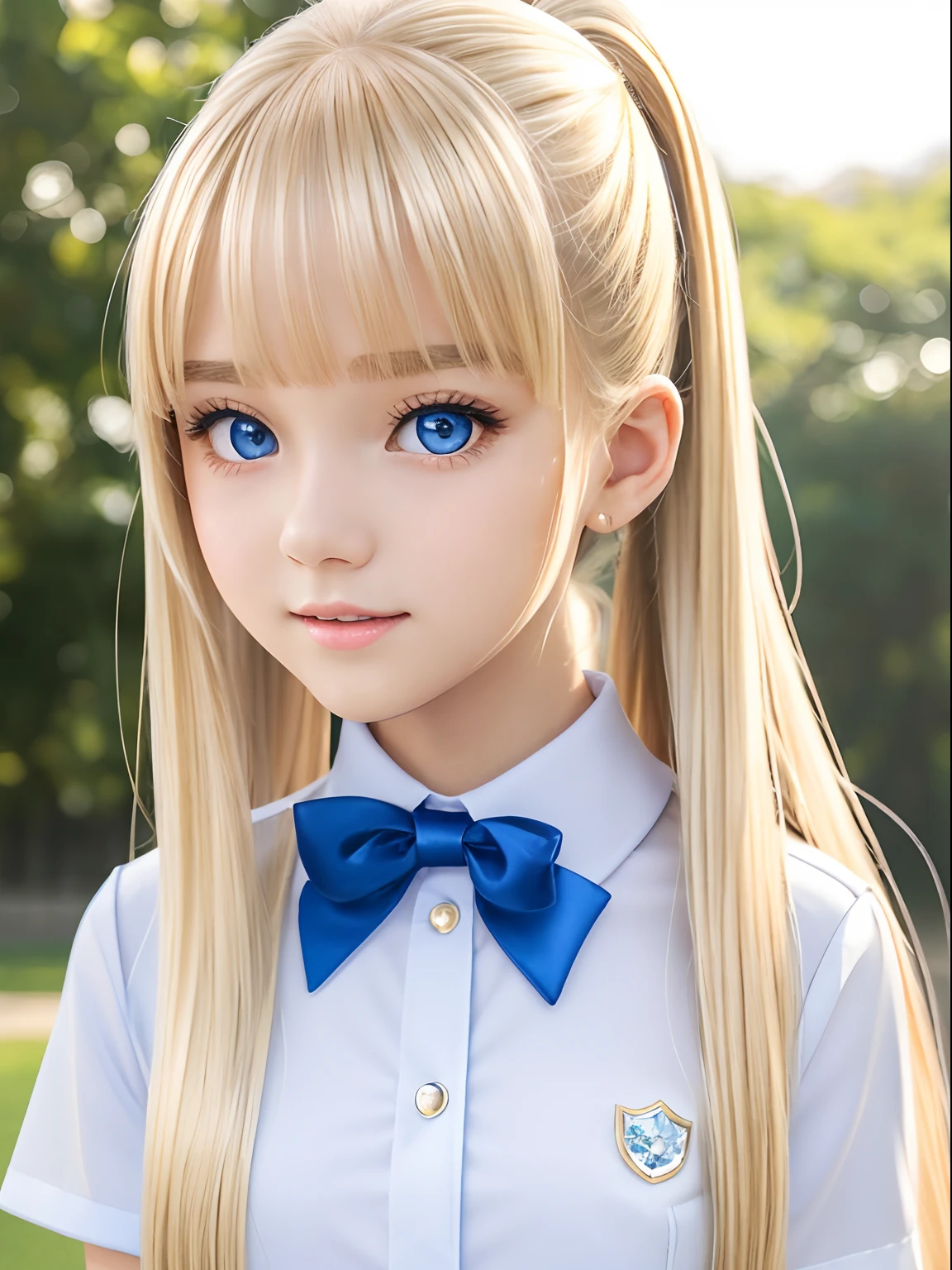 portlate、School Uniforms、bright expression、poneyTail、Young shiny shiny white shiny skin、ultimate beauty girl、Best Looks、Blonde reflected light、bright shiny hair、Super long silky straight hair、Beautiful bangs that shine、Glowing crystal clear attractive big blue eyes、Very beautiful nice cute 16 year old girl、Lush bust。