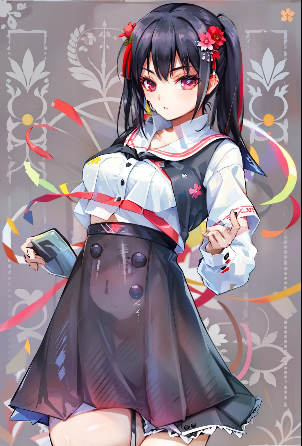 ((Masterpiece, Best quality)), 1girll, Otomo Sakura, Black hair, Red eyes, pony tails, Sinobuz, hair adornments, serafuku, Black skirt, White shirt