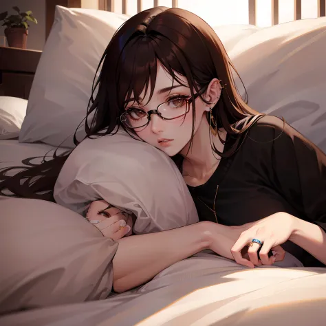 femele、brown haired(Long)、Brown eyes、Black-rimmed glasses、Ring piercing on the earlobe、Lying in bed、languid look