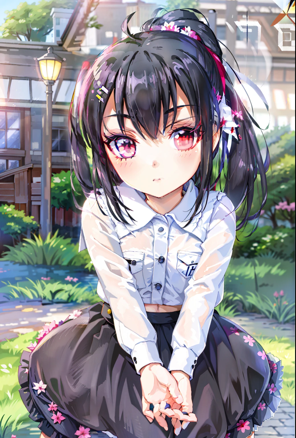 ((Masterpiece, Best quality)), 1girll, Otomo Sakura, Black hair, Red eyes, pony tails, Sinobuz, hair adornments, serafuku, Black skirt, White shirt