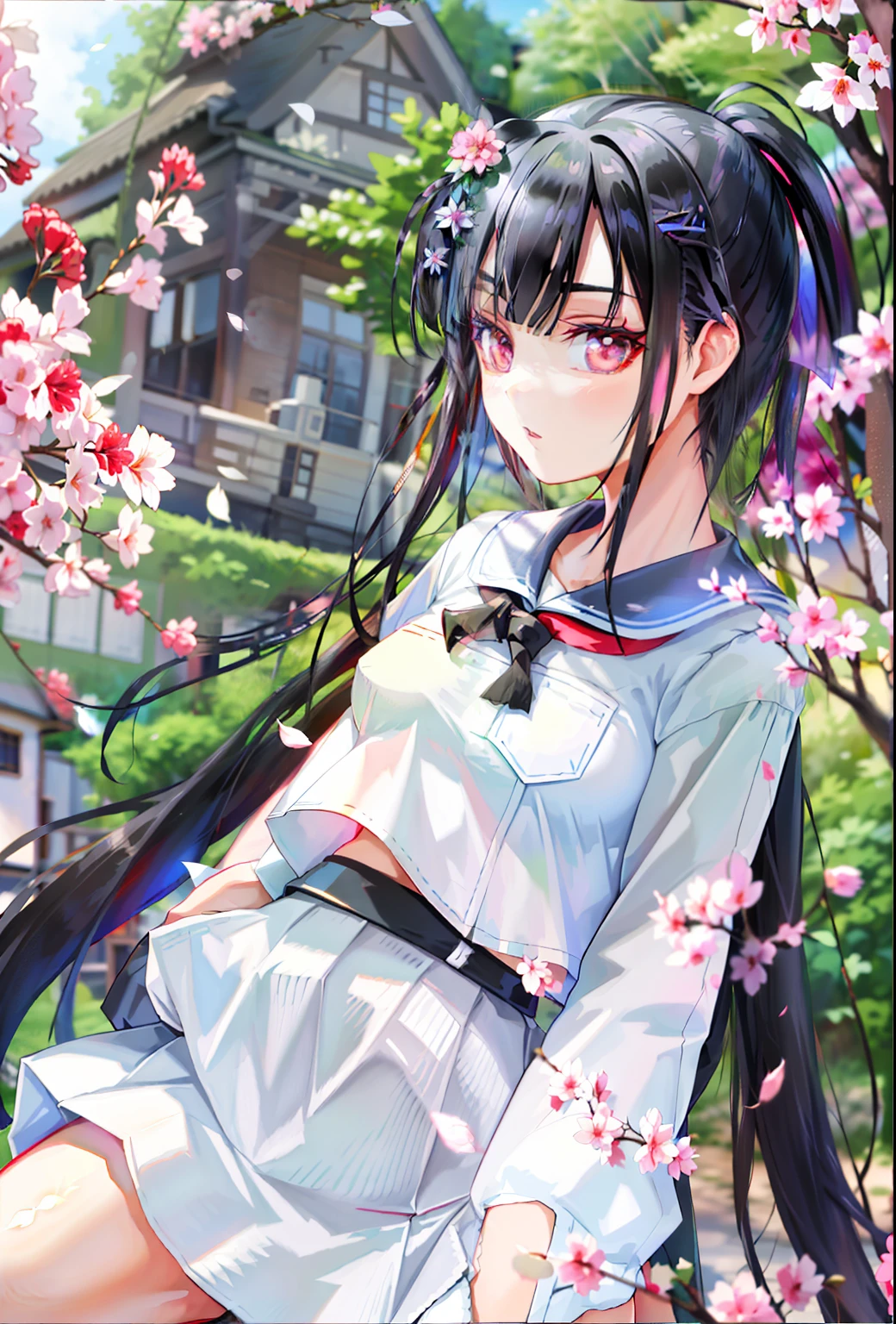 ((Masterpiece, Best quality)), 1girll, Otomo Sakura, Black hair, Red eyes, pony tails, Sinobuz, hair adornments, serafuku, Black skirt, White shirt