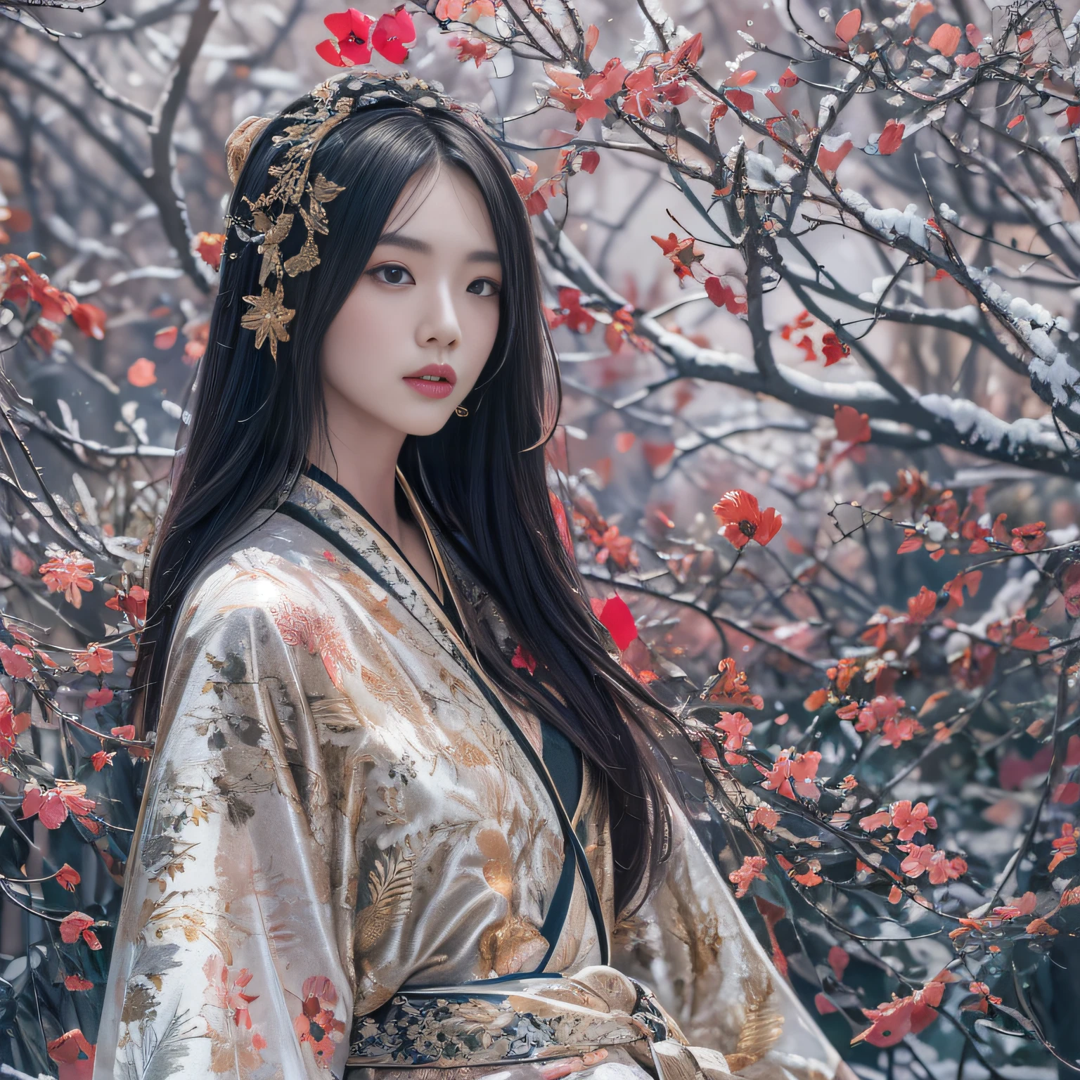 32K（tmasterpiece，k hd，hyper HD，32K）Long flowing black hair，Rockery，zydink， a color，  Xuzhou people （Seduce girls）， （Red scarf in the snow）， jumping posture， looking at the ground， long whitr hair， Floating hair， Carp pattern headdress， Chinese long-sleeved silver battle robe， （Abstract gouache splash：1.2）， Pink petal background，Tulips flying（realisticlying：1.4），Black color hair，Fallen leaves flutter，The background is pure， A high resolution， the detail， RAW photogr， Sharp Re， Nikon D850 Film Stock Photo by Jefferies Lee 4 Kodak Portra 400 Camera F1.6 shots, Rich colors, ultra-realistic vivid textures, Dramatic lighting, Unreal Engine Art Station Trend, cinestir 800，Long flowing black hair，Transparent robe clothing