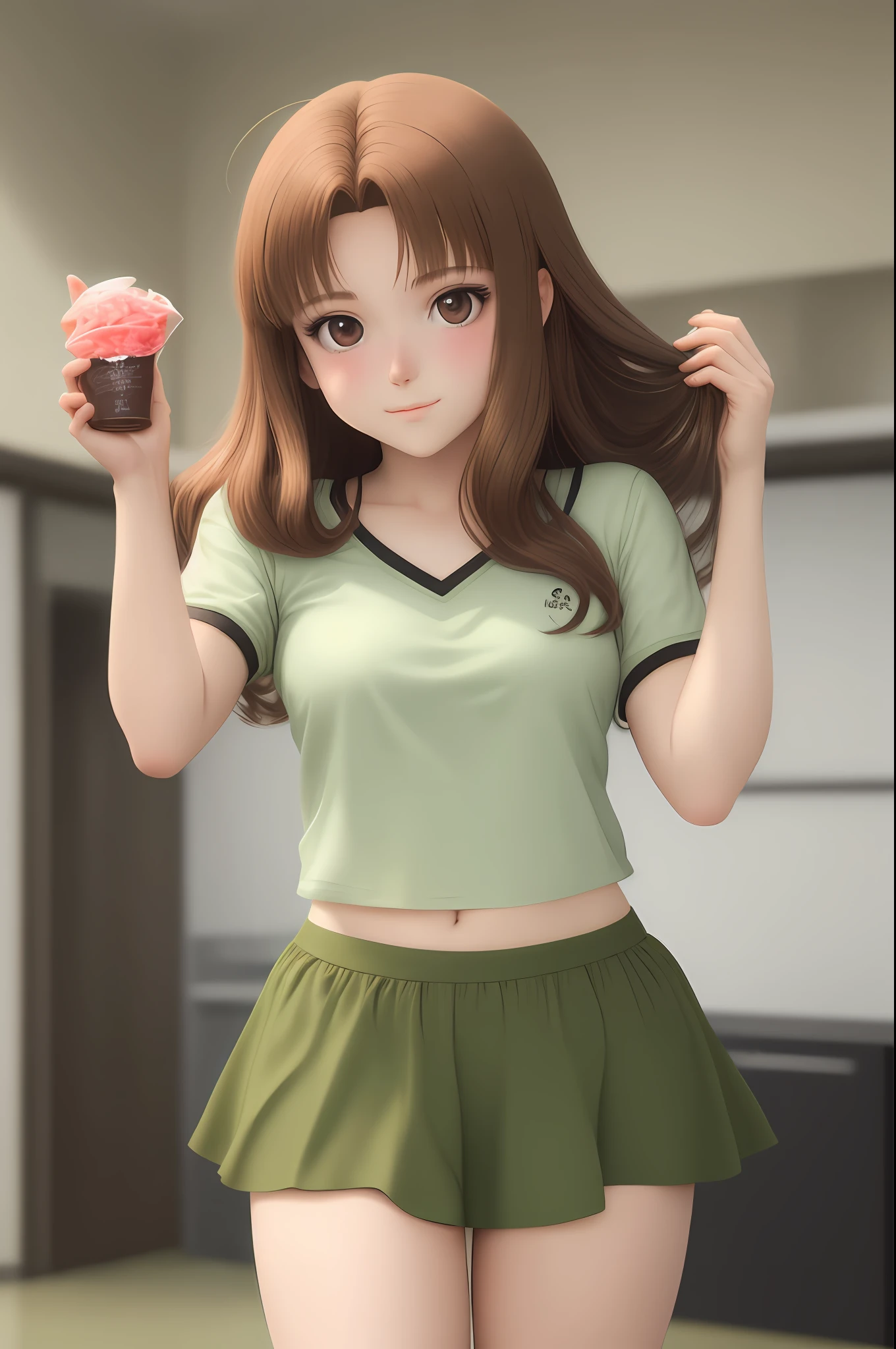 Anime girl with a cupcake in her hand and a green shirt - SeaArt AI