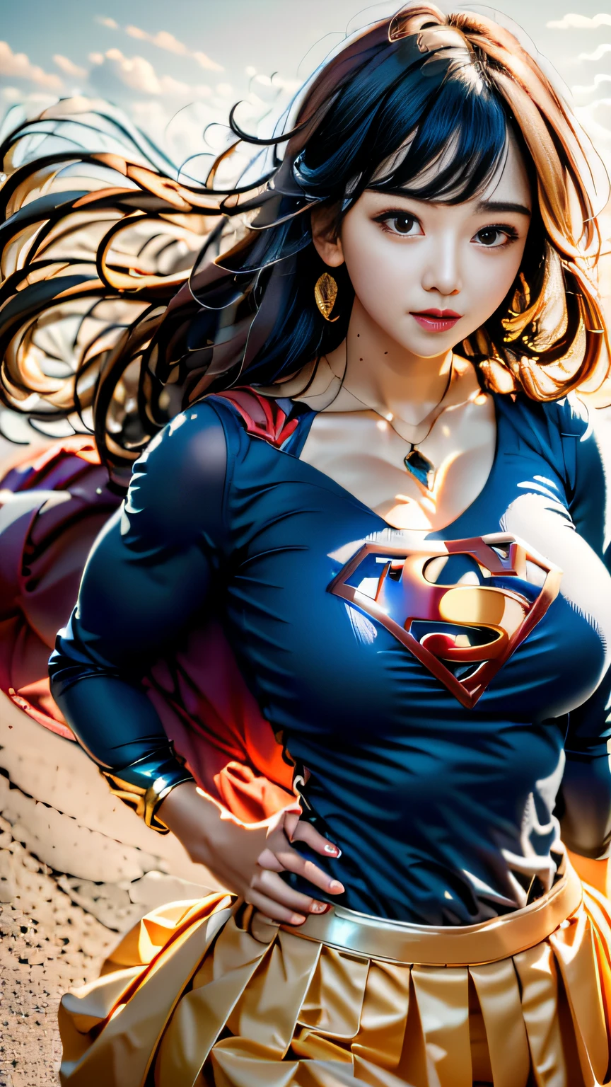 Supergirl Photo Portrait、Colorful, realistic round eyes、Dreamy and magical atmosphere、Superheroine costumes、Superman logo on chest、(A large breast:1.3)、Lightly wavy white blonde hair、Shorthair、（white male、Feminine abs）、（ shiny skins、high gloss skin、shrinks、Professional lighting）、(Red short skirt)