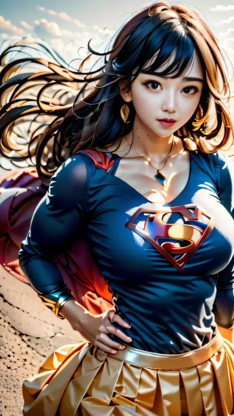 Supergirl Photo Portrait、Colorful, realistic round eyes、Dreamy and magical atmosphere、Superheroine costumes、Superman logo on che...