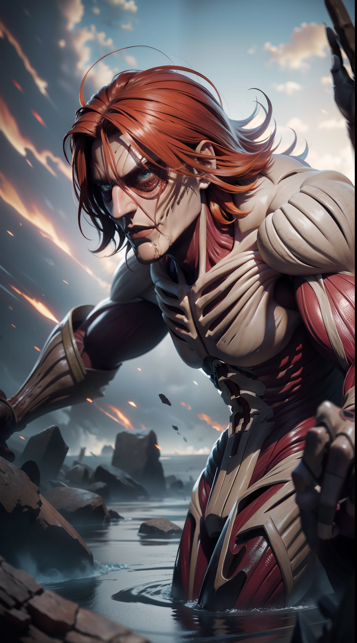 Imagining Giant Shanks in the world of Attack on Titan evokes a majestic and formidable presence. Enlarged to Titan proportions, Shanks' iconic red hair and dominating aura will remain unmistakable, and his severed hand. With his enormous stature, he exuded a sense of power and strength, similar to the Titans themselves. Shanks' quiet confidence and legendary status will shape his interactions with the Titan threat, casting an air of mystery and intrigue. This massive Shanks symbolizes the fusion of his pirate captain's charisma and the mystical nature of the Attack on Titan universe, leaving an indelible mark on the crossover landscape.made in octane, cinematic, ultra-realistic, extremely detailed octane rendering, 8k,dramatic lighting ray tracing reflections, unreal render
