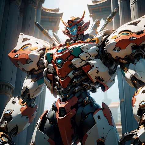 Mecha close-up, in mecha style, illusory engine,Cyber Mech，Lü Bu and Chitu in Heroes of the Three Kingdoms
