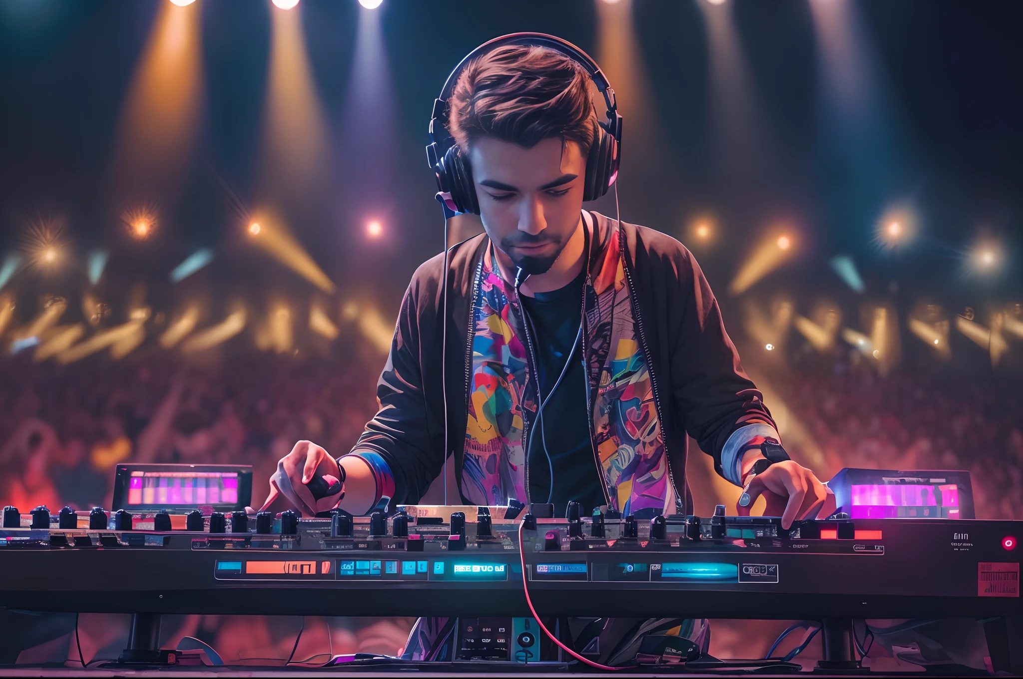 Upper body, (DJ with headphones and microphone: 1,4), mixing console, performing at a vibrant (music festival: 1,2) with (energy people: 1,1) and (stage lights colorful: 1.1),(cinematic lighting), RAW photo, 8K