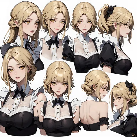 (masterpiece, 8k, best quality, highly detailed, 1 mature female), (consistent character, same character), (blonde hair, yellow eyes), (Highly detailed face and skin texture, detailed eyes), evil smile, large breasts, solo, (Maid), white background, Bare s...