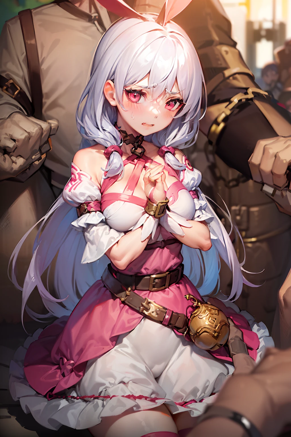 (multiple others,Many people in the background,Woman in Chains,Belt wrapped around woman's limbs,Girl in handcuffs,Hands together:1.3),pastelcolored magical girl,frilled skirt,angry,Sweaty,close mouth,Looking at viewer,blush,Rough sigh,Beautiful illustrations,NSFW