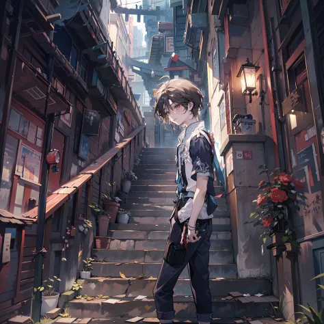 Anime boy standing by the side of the corridor in a black shirt, young anime man, Anime handsome man, Anime portrait of a handso...