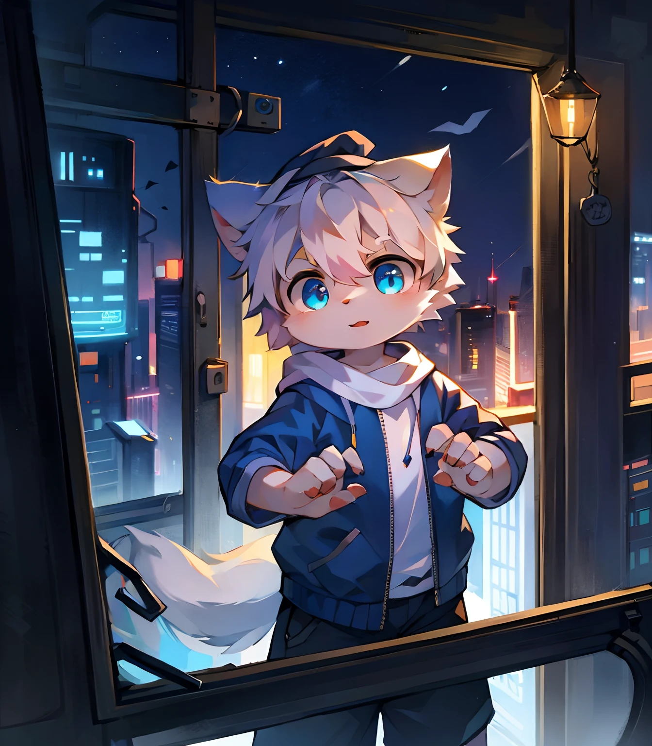 Highest picture quality，delicate painting style，delicate hook line，Masterpieces，Fine skin，Delicate hair，Delicate hands，Delicate eyes，Normal eyes，White cat ears，Shaggy，blue eyes，Handsome，（（White headscarf）），cat style，shota，cyberpunk, Blue Pupils, Night view of the city, , mottled light and shadow, Boy，shota，There are bright eyes of God，White fur，Blue jacket，solo，solo person