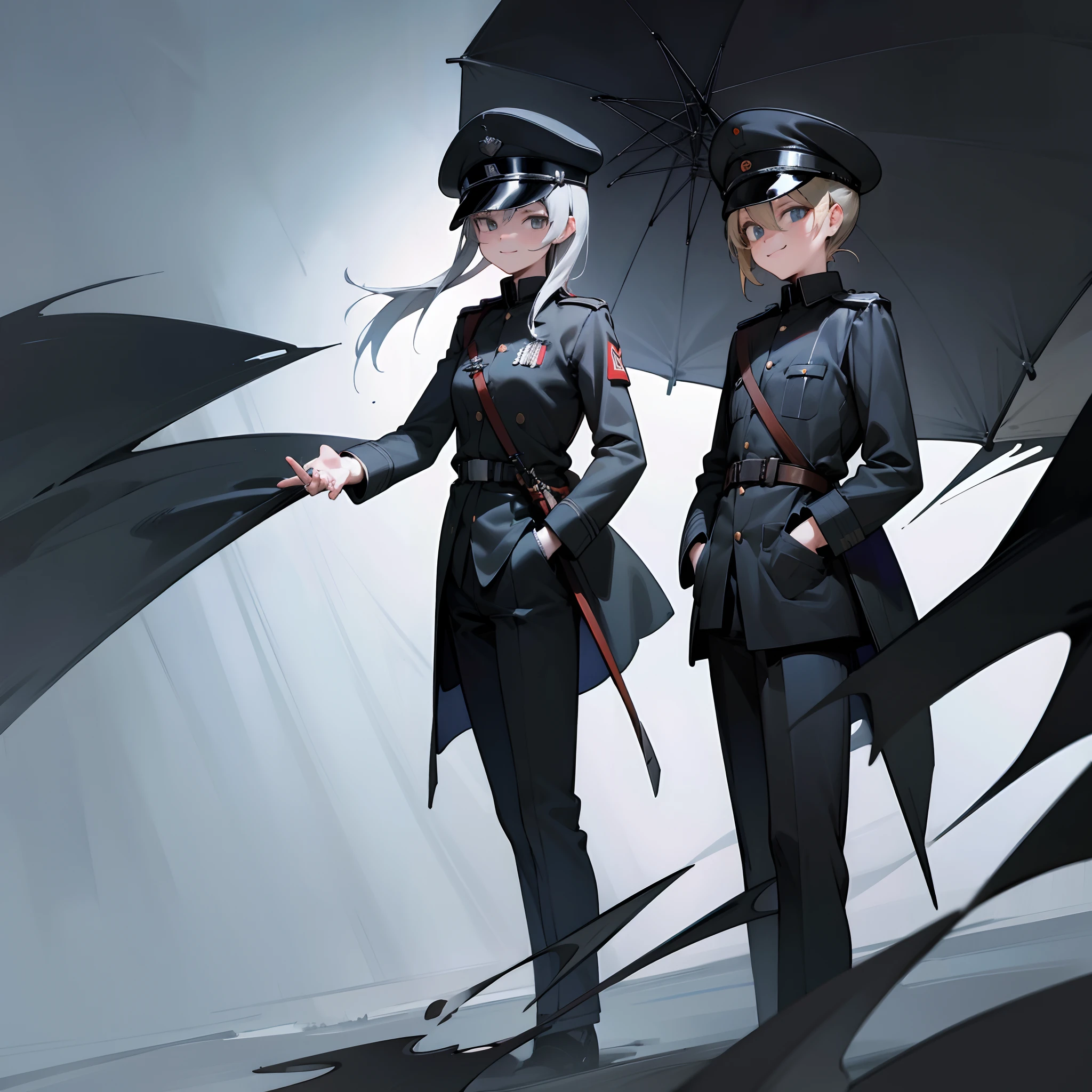 black background, 1mab, wearing jet black German officer uniform, wearing German officer hat,hands in pocket,side view, looking away from the viewer,grin, extremely detailed, absolutely stunning art, wallpaper HD, quality