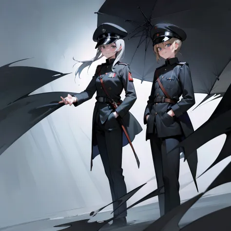 black background, 1mab, wearing jet black German officer uniform, wearing German officer hat,hands in pocket,side view, looking ...
