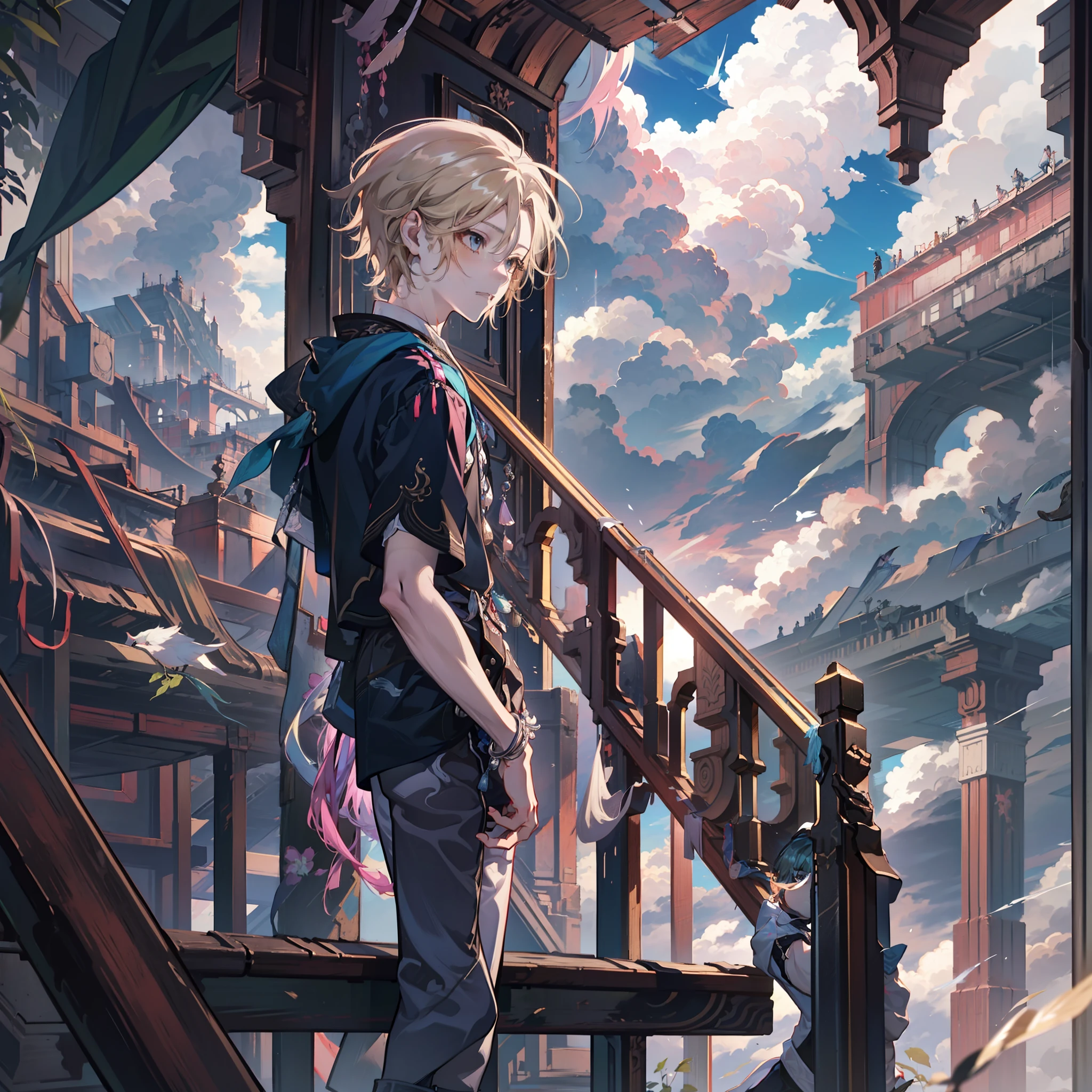 Anime boy standing by the side of the corridor in a black shirt, young anime man, Anime handsome man, Anime portrait of a handsome man, Tall anime guy with blue eyes, Handsome anime pose, Male anime style, Anime boy, style of anime4 K, High Quality Anime Art Style, anime moe art style, Inspired by Bian Shoumin, Anime style portrait, in an anime style，Very handsome，Dissection is correct，Black loose casual wear，Black colored eyes，short detailed hair，Shopping with each other，Red received，and harmonious，clean color，Smudge，Decisive cut，tmasterpiece，ultra-detailliert，Epic composition, high qulity, HighestQuali,（（（There are suspended stairs above the sky）））， （（（Hanging stairs only）））， （（（（Clouds surround a white suspended staircase）））， The suspended staircase is snow-white， There are only hanging stairs in the sky， White feathers， （（（（White feathers flutter around the suspended staircase）））， （（a paradise）））， （（Cloud gap light））， Beautiful Details Sky， Beautiful details cumulonimbus clouds， （（（（the Extremely Detailed CG Unity 8K Wallpapers， tmasterpiece， Best quality at best， ultra - detailed））），（best illuminate，best shadow，Extremely refined and beautiful），dynamic angle，floatking，finedetail，（blooms），（shine），glistening stars，feater，naturey，（rays of sunshine），wonderland