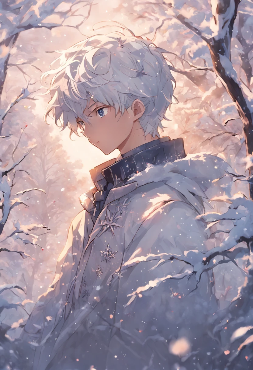 Anime boy in winter scene with snow covered trees and sun - SeaArt AI