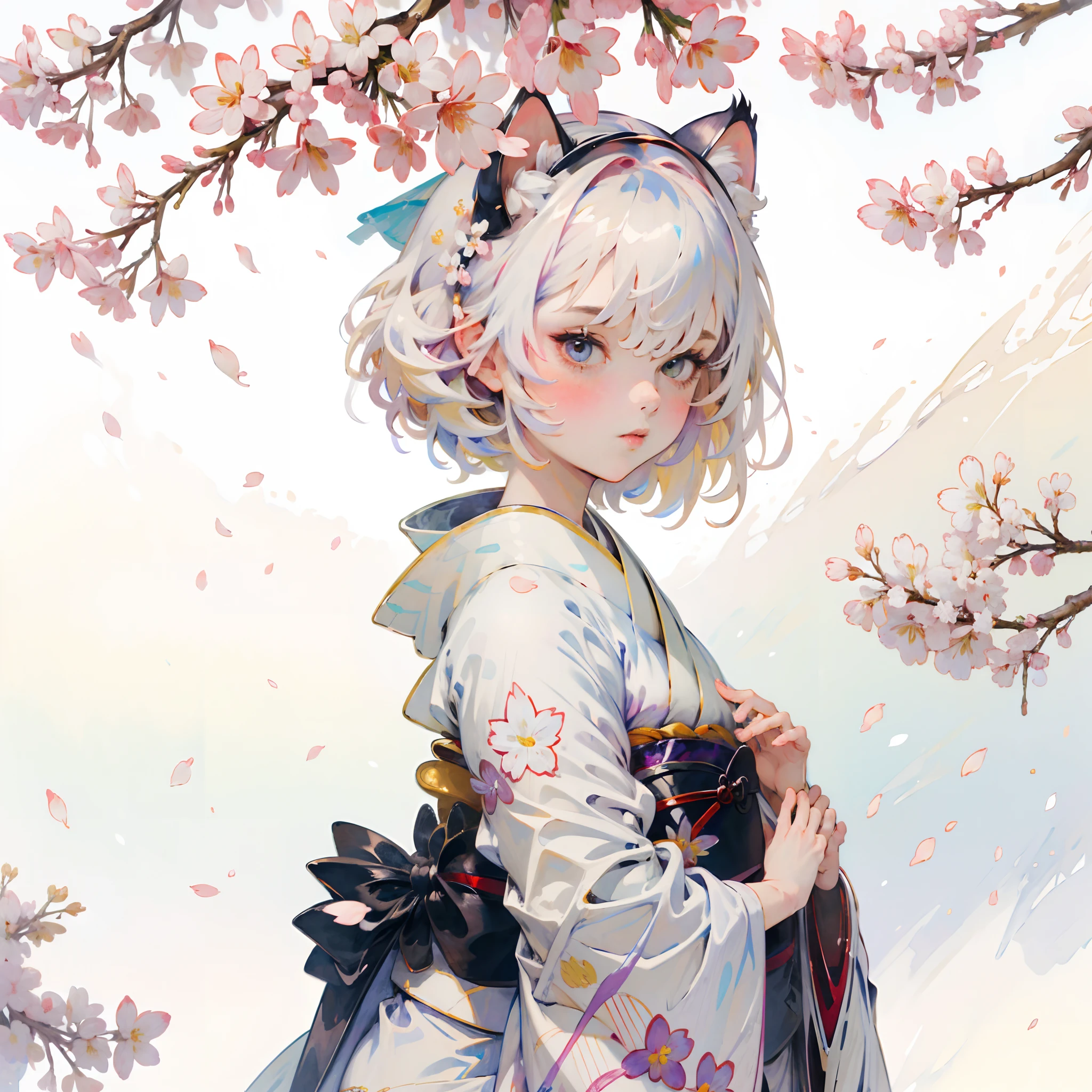 (8k Hintergrund:1.2),(ultrahohe Auflösung:1.2),(Meisterwerk:1.1),Hintergrund,gute Qualität,Meisterwerk,(Hohe Detailliertheit),1 Mädchen, trägt einen weißen Kimono mit Sakura-Blütenblättern , umgeben von Blütenblättern, weißes Haar,Katzenohren, Schön,