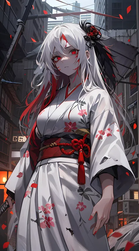 ((dramatic)) ((detailed)) ((masterpiece)) ((gritty)) ((intense)) girl, japan goddes of war, holding weapon, wound bloodstain on her face, black eye on the left eye and special goddes red eye on the right, dark night, half demonic face, broken building and ...