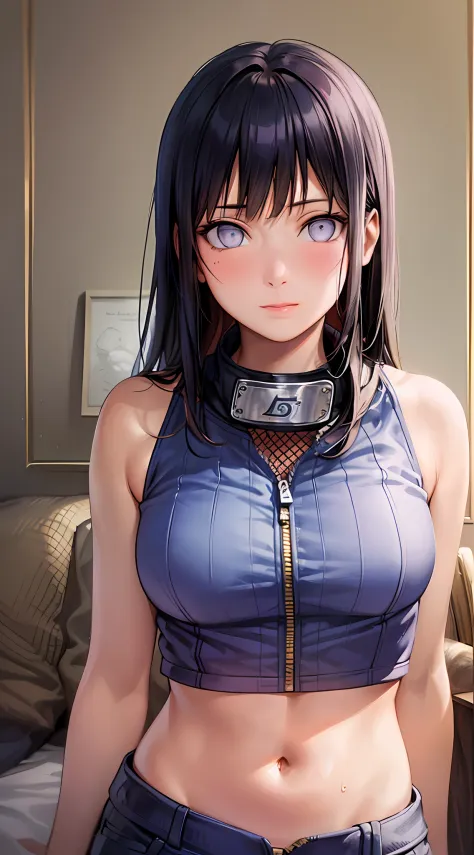 Masterpiece, High definition, high quality, detailed face, detailed body rendering, 1girl, solo,  Hinata sleeveless clothing,room,, sleeveless shirt,( fishnet garment),  unzipper jacket,  standing, blush, (in bedroom)