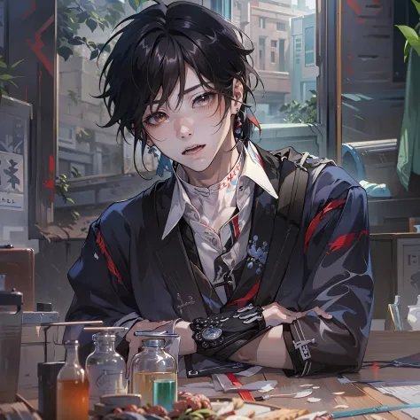 1 young man，，Black hair，Black shirt，red eyes，jewely，leafs，looking at viewert，female focus，choker necklace，The shirt，Wrist watch，...