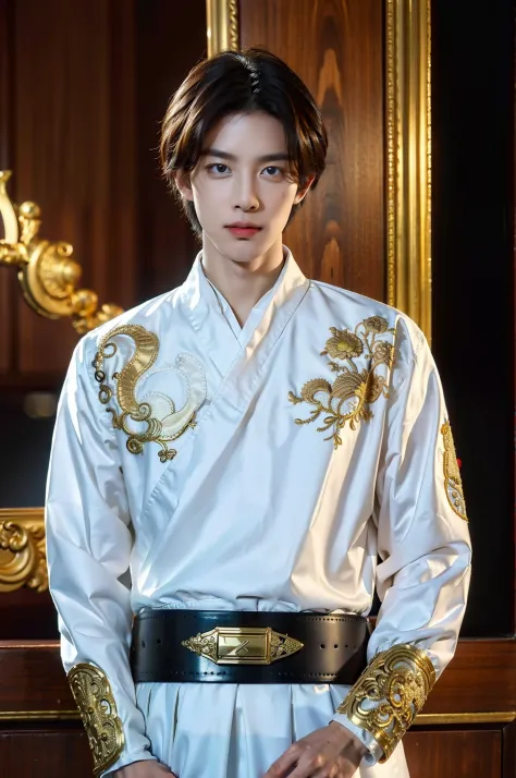 1boys，The upper part of the body，White cloth，short detailed hair，gold embroidery，Black gold embroidered belt，White collar，Wearing a Feiyu suit，facing to audience，Black gold embroidered wrist guards，（RAW photos，best qualtiy），（Realiy，Foto realism：1.4），tmaste...