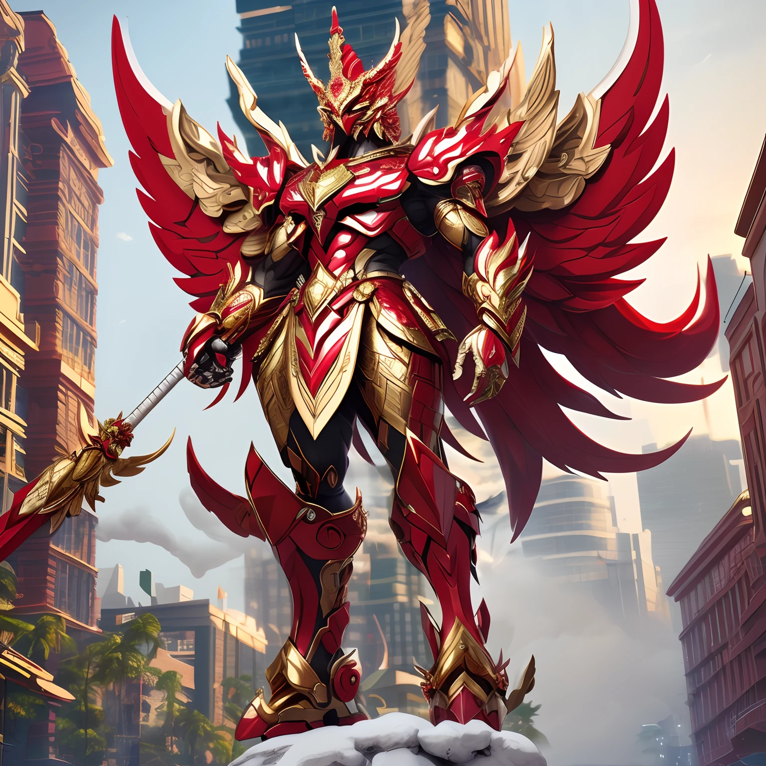 Masterpiece,highly details(Metallic red and white,reflect,:1.3)King Garuda of Payakrut{Best quality},, Super giant Garuda solo, The is very detailed, Modern City, Tower,Building,highways, Clouds and fog, White armor, Gundam with a large shield and bamboo stick。, 
(extremely detailed wallpaper CG unity 8k:1.1)(Masterpiece),(Best quality:1.1),Realistic,Anime master style,perfectly point of view,intricately details