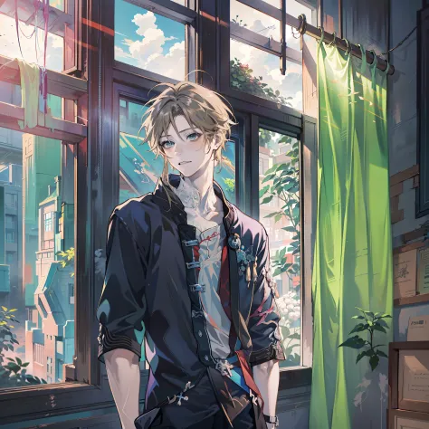 Anime boy standing in front of window in black shirt, young anime man, Anime handsome man, Anime portrait of a handsome man, Tal...