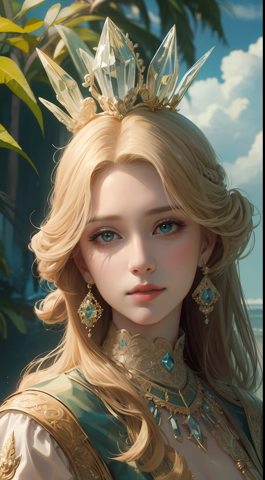 tmasterpiece，Highest high resolution，Dynamic bust portrait of beautiful royal lady，Long blonde hairstyle，Grass green clear eyes，The hair is covered with beautiful and delicate floral craftsmanship, crystal jewelry filigree，Ultra-detailed details，upscaled。