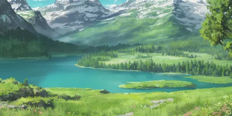 Pretty landscape, bright nature, big trees, little lake and a waterfall, dynamic shaped mountains, in the ghibli style