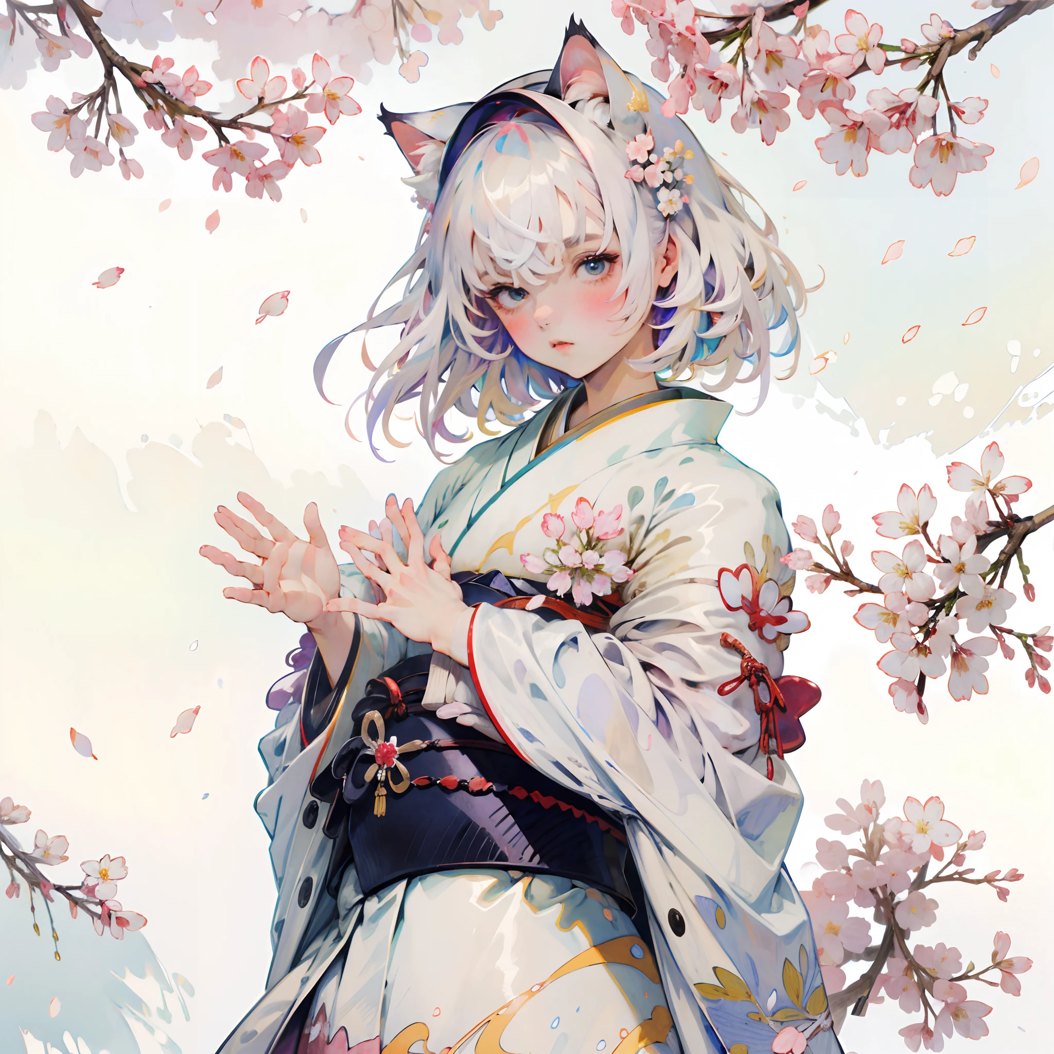 (8k Hintergrund:1.2),(ultrahohe Auflösung:1.2),(Meisterwerk:1.1),Hintergrund,gute Qualität,Meisterwerk,(Hohe Detailliertheit),1 Mädchen, trägt einen weißen Kimono mit Sakura-Blütenblättern , umgeben von Blütenblättern, weißes Haar,Katzenohren, Schön, perfekte Hände