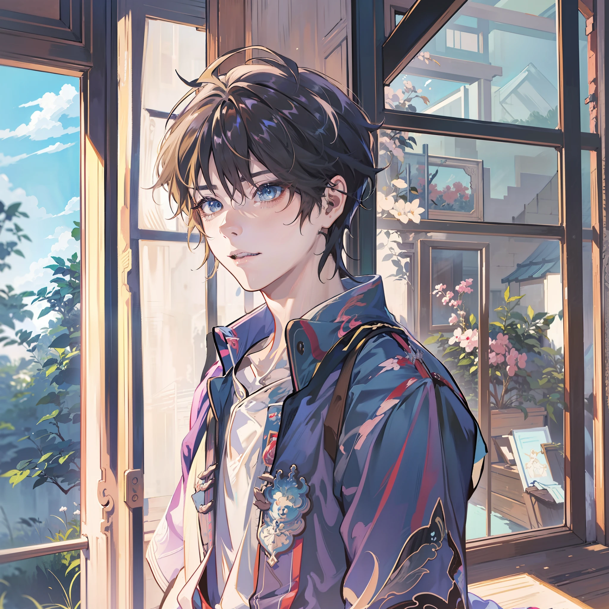 garçon animé standing in front of window in black shirt, jeune homme animé, anime bel homme, portrait animé d&#39;un bel homme, grand gars d&#39;anime aux yeux bleus, belle pose d&#39;anime, Style d&#39;anime masculin, garçon animé, style d&#39;anime4 K, Style artistique animé de haute qualité., style artistique anime moe, Inspiré par Bian Shoumin, anime style portrait, dans un style anime