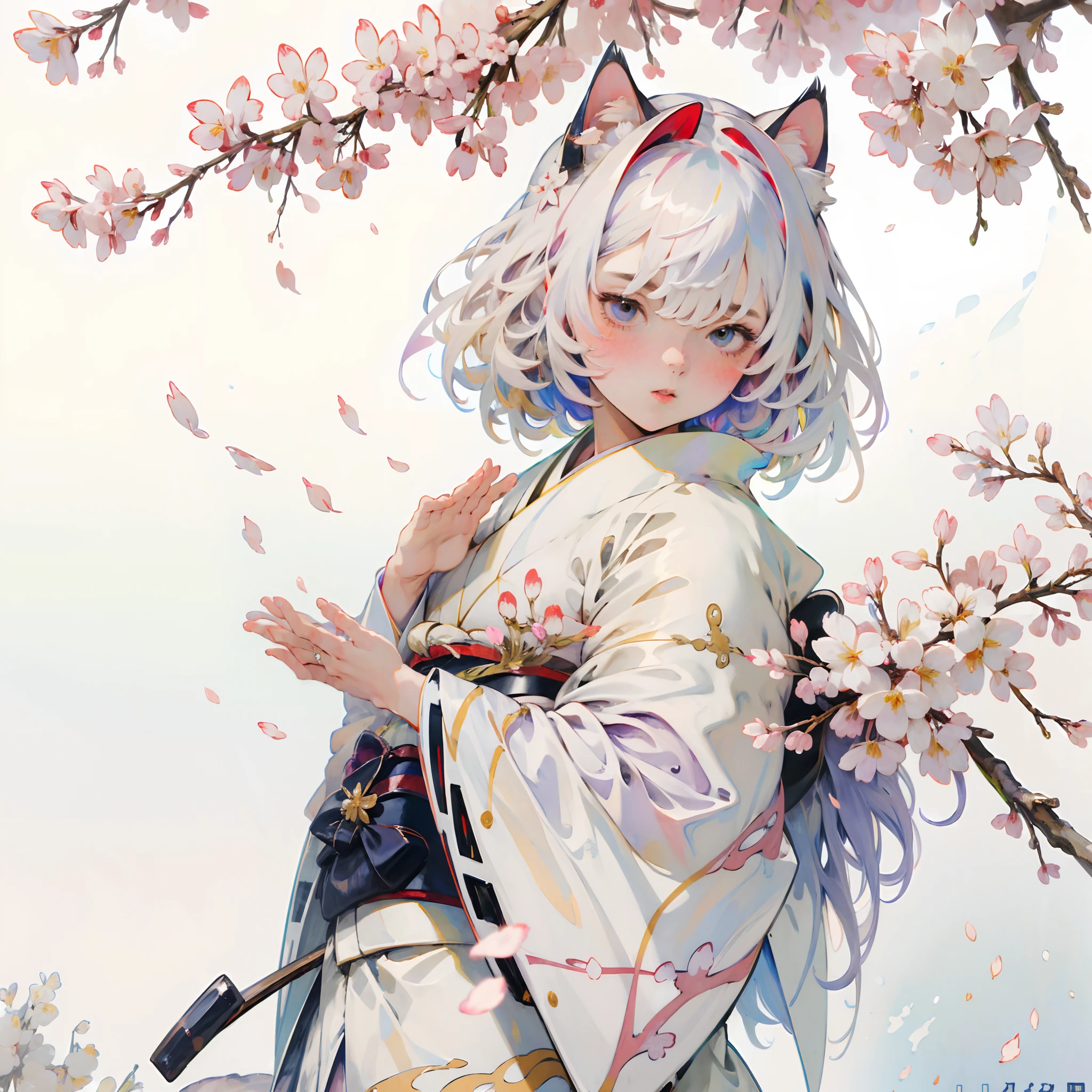 (8k fondo de pantalla:1.2),(Resolución ultraalta:1.2),(obra maestra:1.1),fondo de pantalla,alta calidad,obra maestra,(Alto detalle),1 chica, luciendo un kimono blanco con pétalos de Sakura , rodeado de pétalos, pelo blanco,orejas de gato, Hermoso, manos perfectas