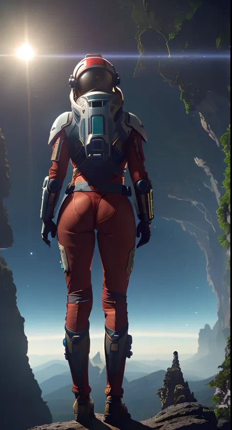 (35mmstyle:1.2), Highly detailed RAW color Photo, Rear Angle, Full Body, of (female space marine, wearing white and red space suit, futuristic helmet, tined face shield, rebreather, accentuated booty), outdoors, (standing on Precipice of tall rocky mountai...