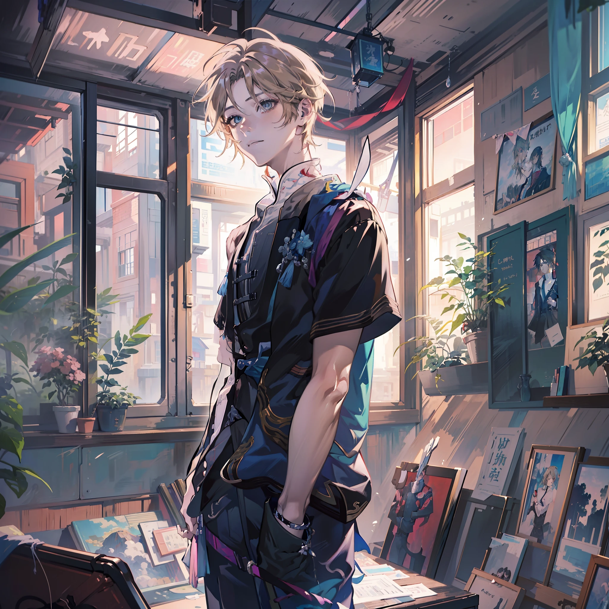 garçon animé standing in front of window in black shirt, jeune homme animé, anime bel homme, portrait animé d&#39;un bel homme, grand gars d&#39;anime aux yeux bleus, belle pose d&#39;anime, Style d&#39;anime masculin, garçon animé, style d&#39;anime4 K, Style artistique animé de haute qualité., style artistique anime moe, Inspiré par Bian Shoumin, anime style portrait, dans un style anime