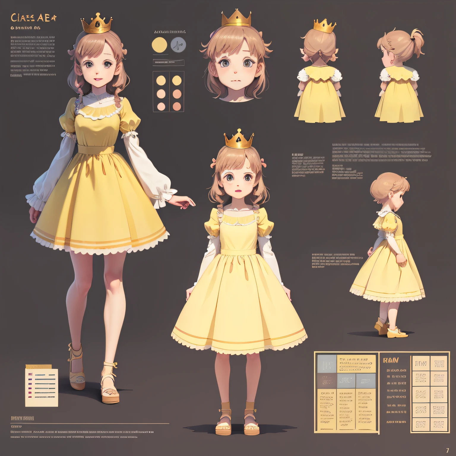 cute girl, yellow princess dress, crown on head, different angles, character sheet, Ghibli style, child children's book, illustration,reference sheet, various poses, full body, 6 different poses