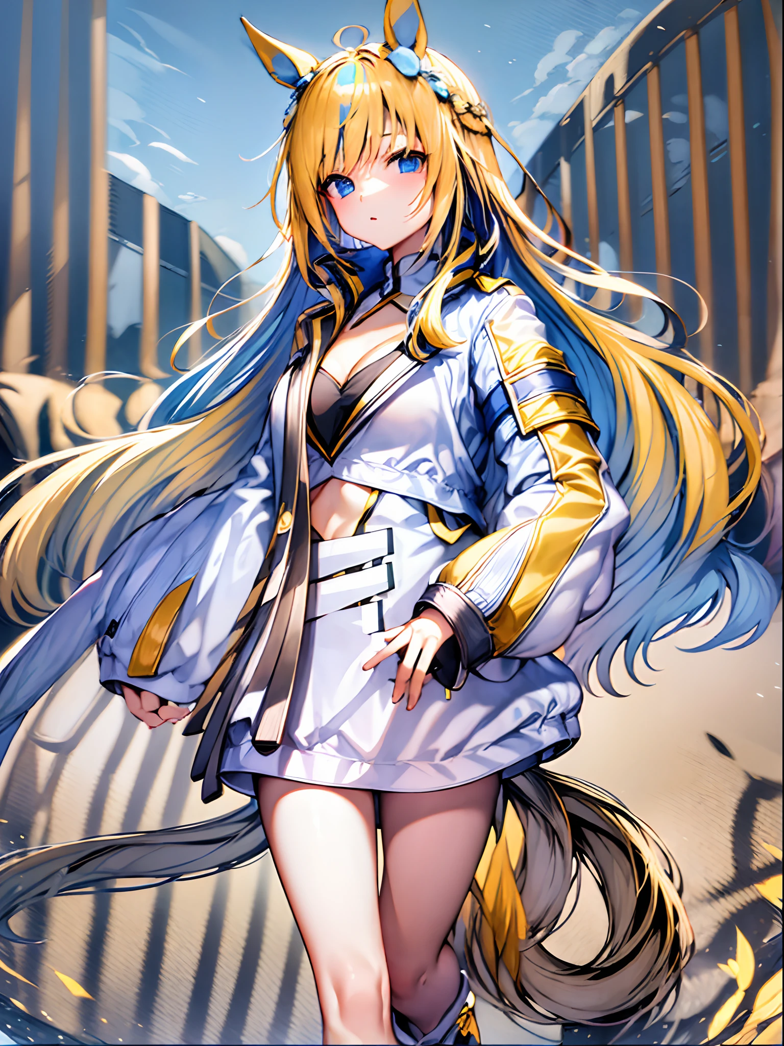 ((​masterpiece))、top-quality、Neo Universe(Umamusume)、(1girl in、独奏)、(horse ear、Horse Girl)、A beautiful Blue eyes、Blonde long hair、Single ear white cover、puffy long sleeves、sleeves past fingers、sleeves past wrists、Hands in sleeves、oversize clothes、Cleavage cutouts、Clothing clippings、croptop、White jacket、Yellow jacket、Two-tone jacket、White leotard inside、long boots、a closed mouth