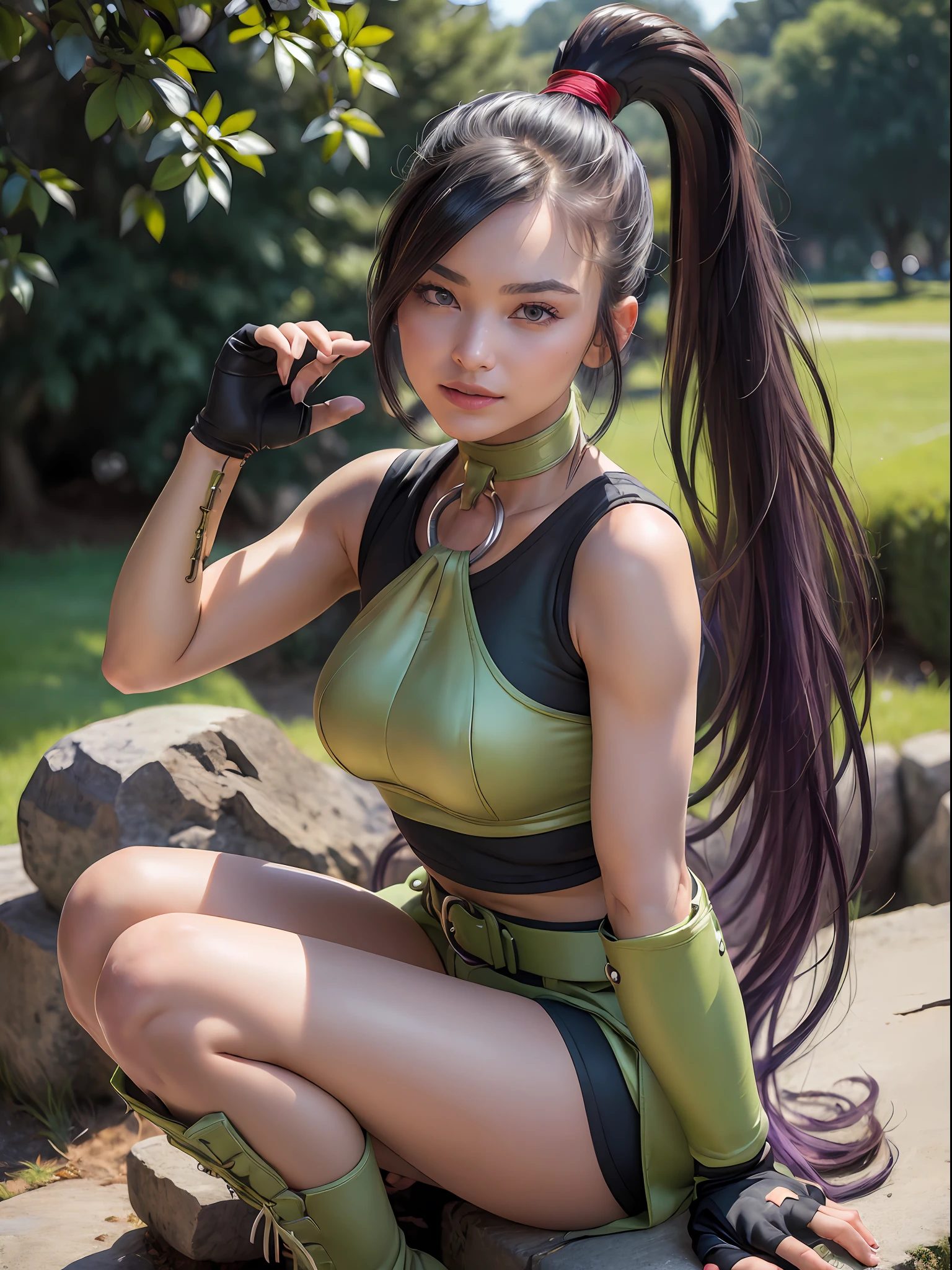 ((Masterpiece:1.4)), (high resolution:1.4), (sitting:1.5), 1girl:1.5, solo, martina, purple eyes, purple hair, very long hair, ponytail, hair scrunchie, green choker, o-ring top, tank top, sleeveless, fingerless gloves, green gloves, waist cape, black shorts, green belt, boots(full body:1 5) , beautifull smile, beautiful face, highly detailed face, higly detailed eyes, highly detailed skin, skin pores, realistic pupils, full face blush, full lips, (perfect anatomy:1.1), (perfect proportions:1.1), (photography:1.1), (photorealistic:1.1), volumetric lighting, dynamic lighting, real shadows, (highres:1.1), sharp focus, daylight, (realistic, hyperrealistic:1.4), intricate, high detail, dramatic, subsurface scattering, big depth of field, vivid, polished, sharpened, ((full Sharp)), (extremely absurdres),16k hdr,