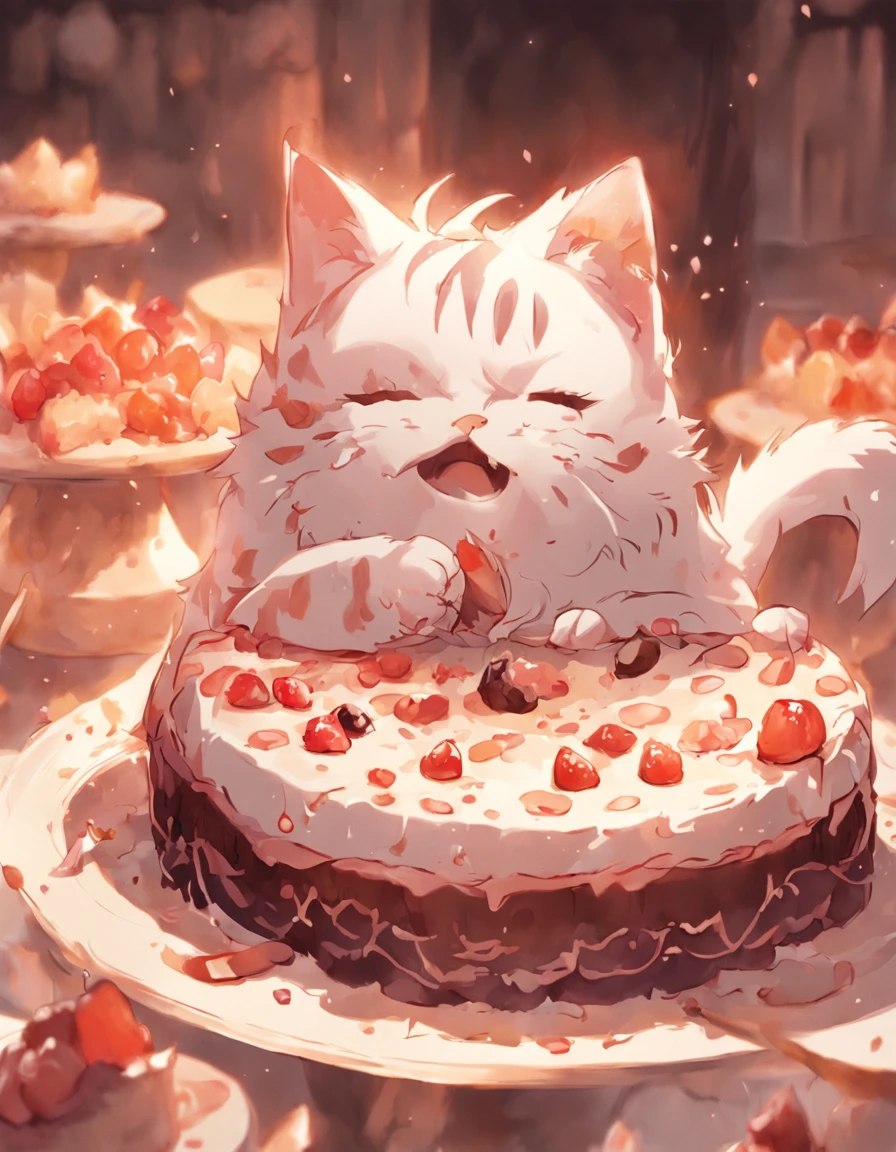 There is a cat that is sitting on a cake on a table - SeaArt AI