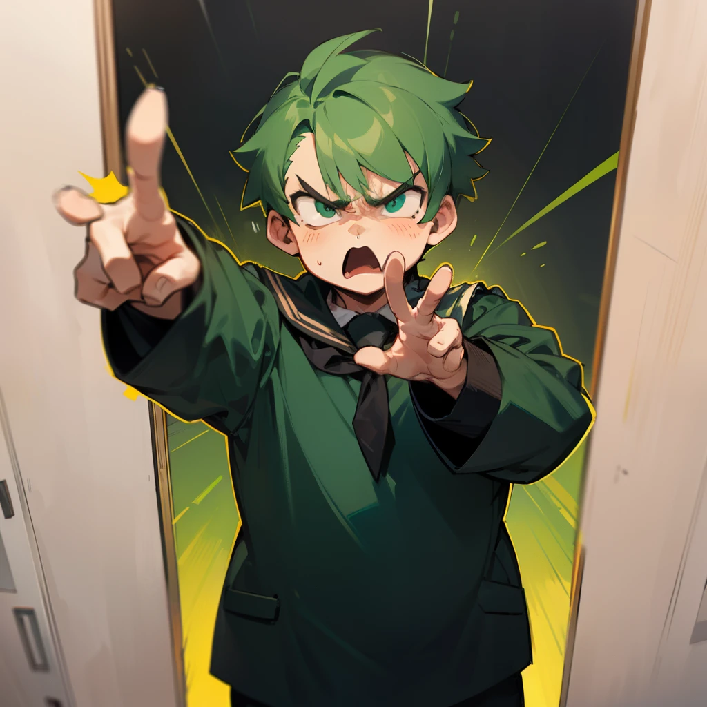 Anime character with green hair and green eyes pointing at camera - SeaArt  AI