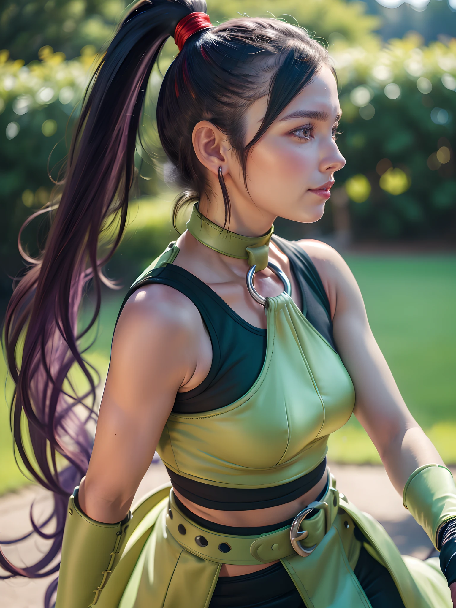 ((Masterpiece:1.4)), (high resolution:1.4), (standding:1.5), (from side:1.4), 1girl:1.5, solo, martina, purple eyes, purple hair, very long hair, ponytail, hair scrunchie, green choker, o-ring top, tank top, sleeveless, fingerless gloves, green gloves, waist cape, black shorts, green belt, boots(full body:1 5) , beautifull smile, beautiful face, highly detailed face, higly detailed eyes, highly detailed skin, skin pores, realistic pupils, full face blush, full lips, (perfect anatomy:1.1), (perfect proportions:1.1), (photography:1.1), (photorealistic:1.1), volumetric lighting, dynamic lighting, real shadows, (highres:1.1), sharp focus, daylight, (realistic, hyperrealistic:1.4), intricate, high detail, dramatic, subsurface scattering, big depth of field, vivid, polished, sharpened, ((full Sharp)), (extremely absurdres),16k hdr,