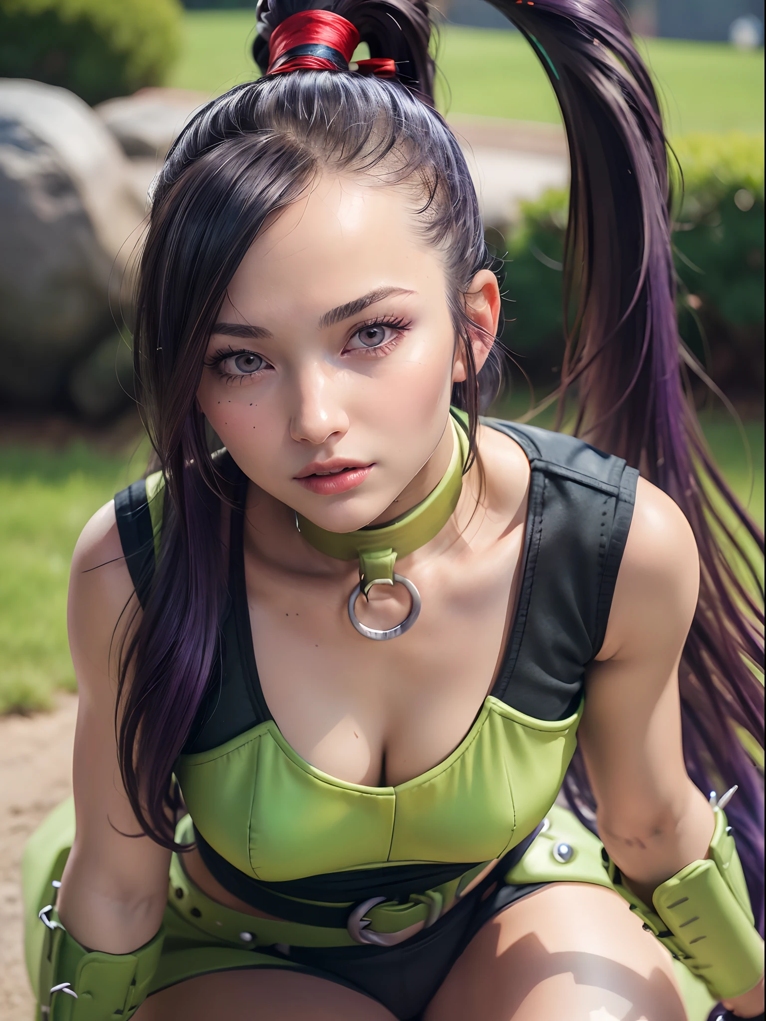 ((Masterpiece:1.4)), (high resolution:1.4), (close up:1.5), 1girl:1.5, solo, martina, purple eyes, purple hair, very long hair, ponytail, hair scrunchie, green choker, o-ring top, tank top, sleeveless, fingerless gloves, green gloves, waist cape, black shorts, green belt, boots(full body:1 5) , beautifull smile, beautiful face, highly detailed face, higly detailed eyes, highly detailed skin, skin pores, realistic pupils, full face blush, full lips, (perfect anatomy:1.1), (perfect proportions:1.1), (photography:1.1), (photorealistic:1.1), volumetric lighting, dynamic lighting, real shadows, (highres:1.1), sharp focus, daylight, (realistic, hyperrealistic:1.4), intricate, high detail, dramatic, subsurface scattering, big depth of field, vivid, polished, sharpened, ((full Sharp)), (extremely absurdres),16k hdr,